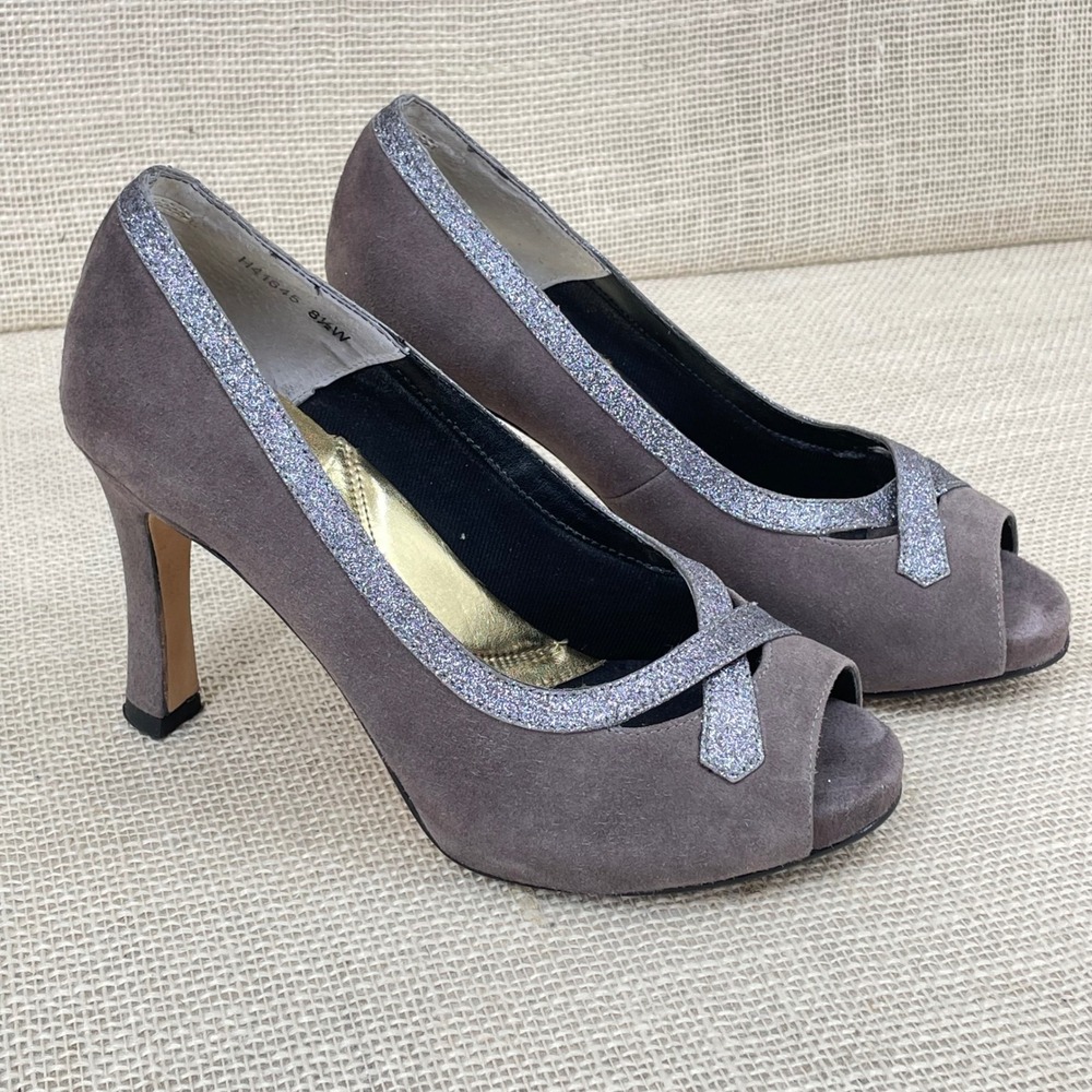 Ros Hommerson Red Collection Taupe‎ Suede Glitter Peep Toe Pumps Heels 8.5 Wide